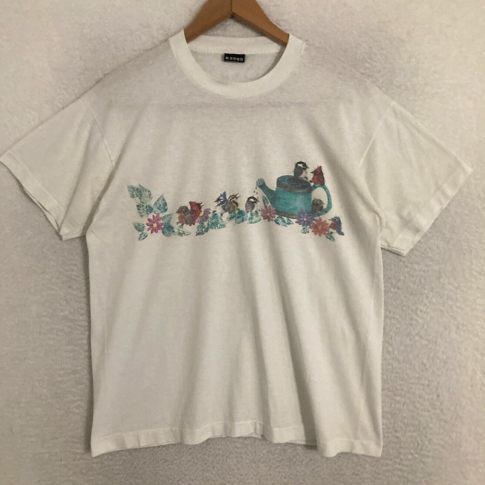 Vtg USA‎ Made Birds Spring Flowers Shirt Womens L Single Stitch Art FOTL Tee
